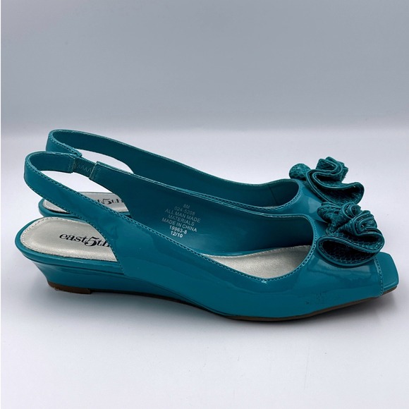 Vintage East 5th Teal Slingback Peep Toe Wedge Floral Bow Heels Women's Size 8M - Picture 2 of 7